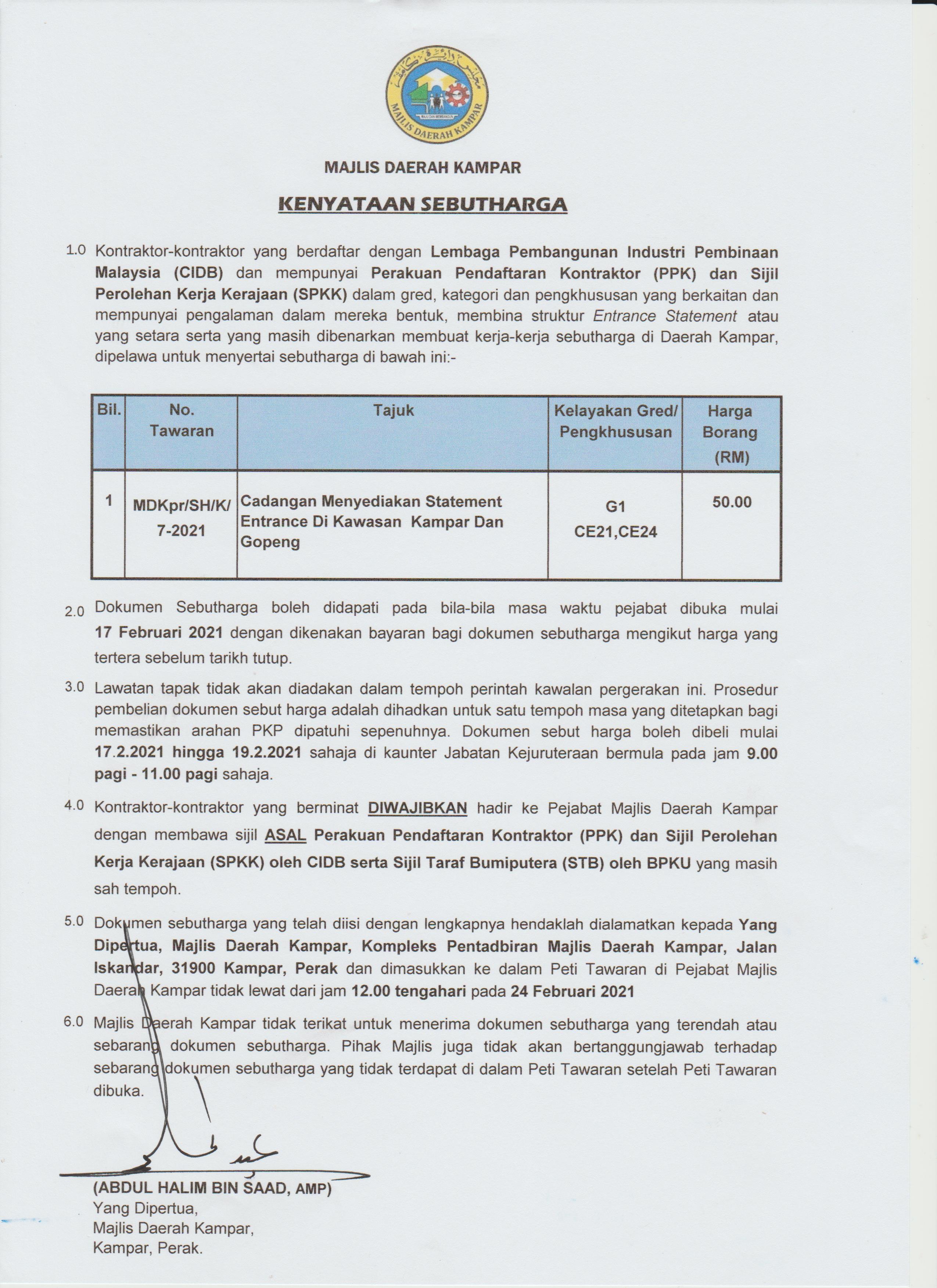 KENYATAAN SEBUTHARGA  Portal Rasmi Majlis Daerah Kampar (MDKpr)