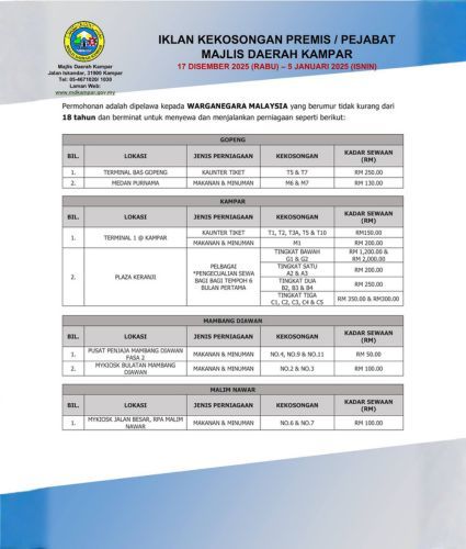 IKLAN KEKOSONGAN PREMIS / PEJABAT MAJLIS DAERAH KAMPAR 17 DISEMBER 2025